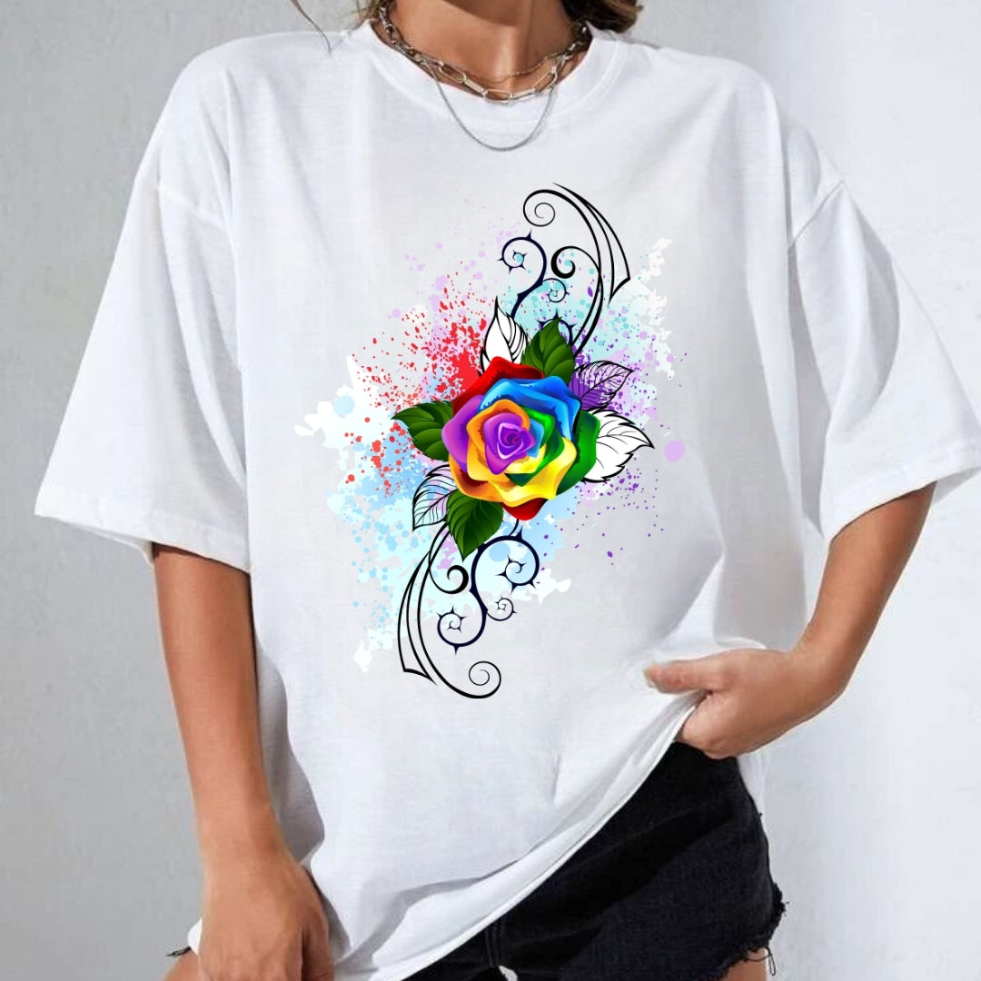 Tricou Oversized Floare Watercolour Curcubeu