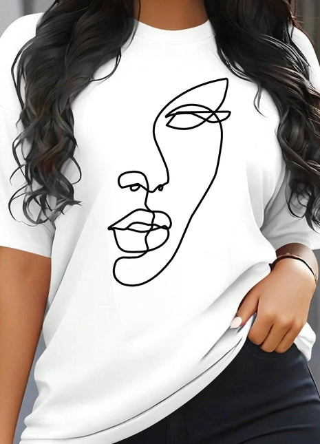 Tricou Oversized Simple Woman Face Drawing Modern