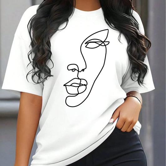 Tricou Oversized Simple Woman Face Drawing Modern