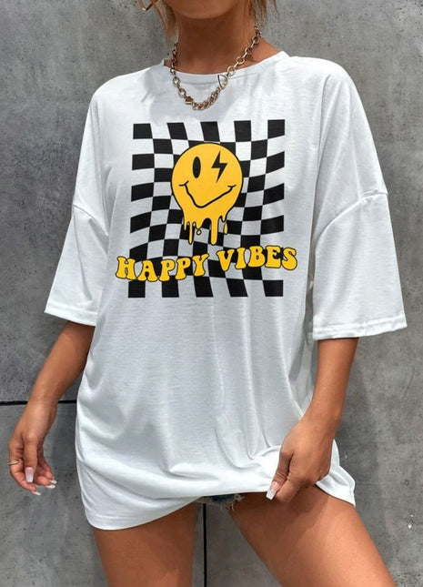 Tricou Oversized Happy Vibes Smiley Yellow