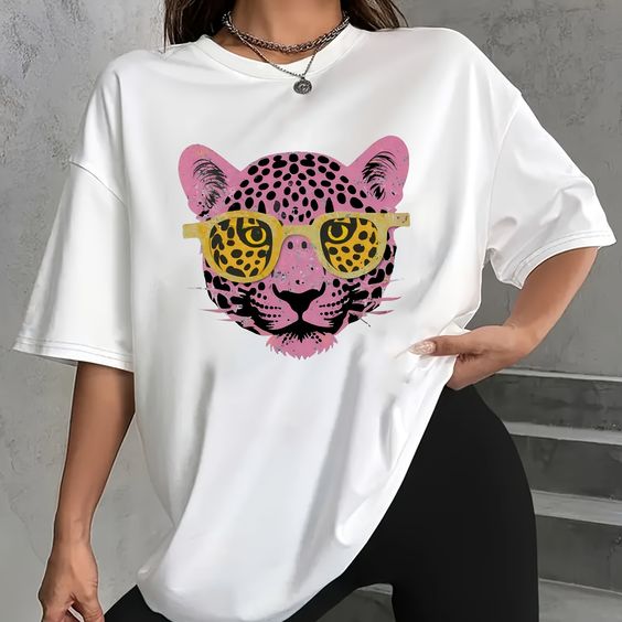 Tricou Oversized Ghepard roz cu Ochelari