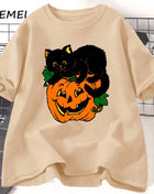 Tricou Oversized Cute Black Cat Pumpkin Halloween Autumn