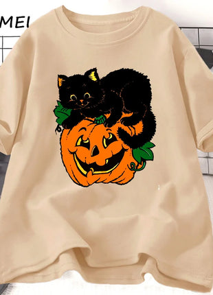 Tricou Oversized Cute Black Cat Pumpkin Halloween Autumn