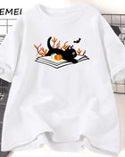 Tricou Oversized Autumn Book Black Cat Pumpkin