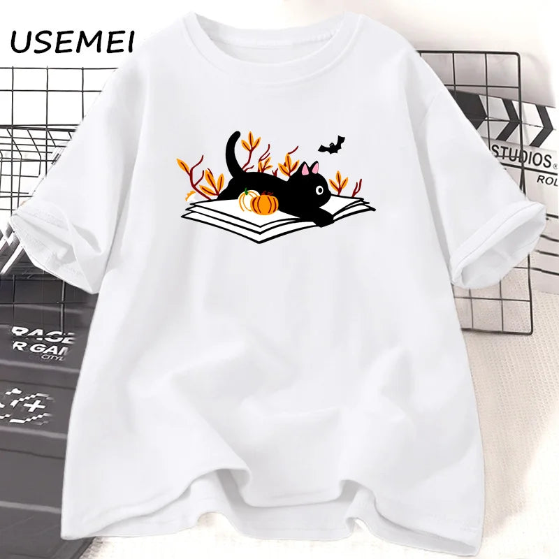 Tricou Oversized Autumn Book Black Cat Pumpkin