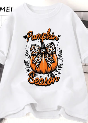 Tricou Oversized Autumn Girly Pumpkin Season Bow White