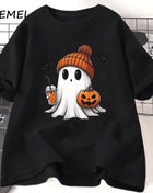 Tricou Oversized Autumn Halloween Cute Drink Pumpkin Ghost Black