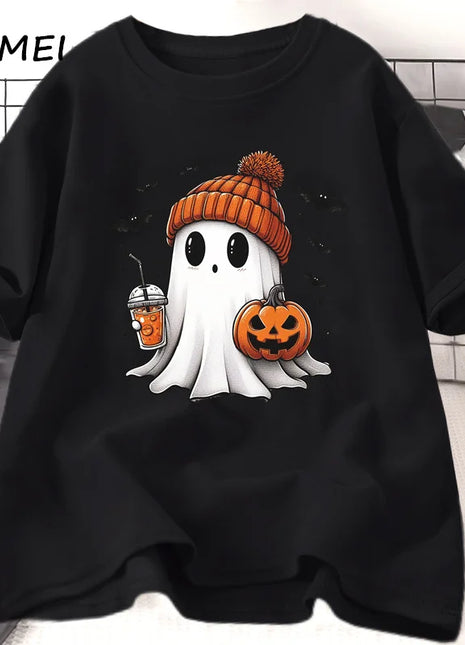 Tricou Oversized Autumn Halloween Cute Drink Pumpkin Ghost Black