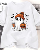 Tricou Oversized Autumn Halloween Cute Drink Pumpkin Ghost White