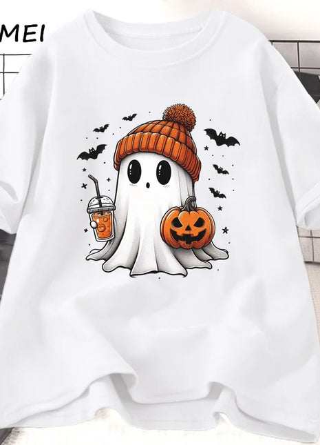 Tricou Oversized Autumn Halloween Cute Drink Pumpkin Ghost White