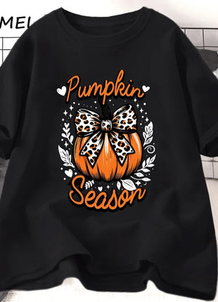 Tricou Oversized Autumn Girly Pumpkin Season Bow Black